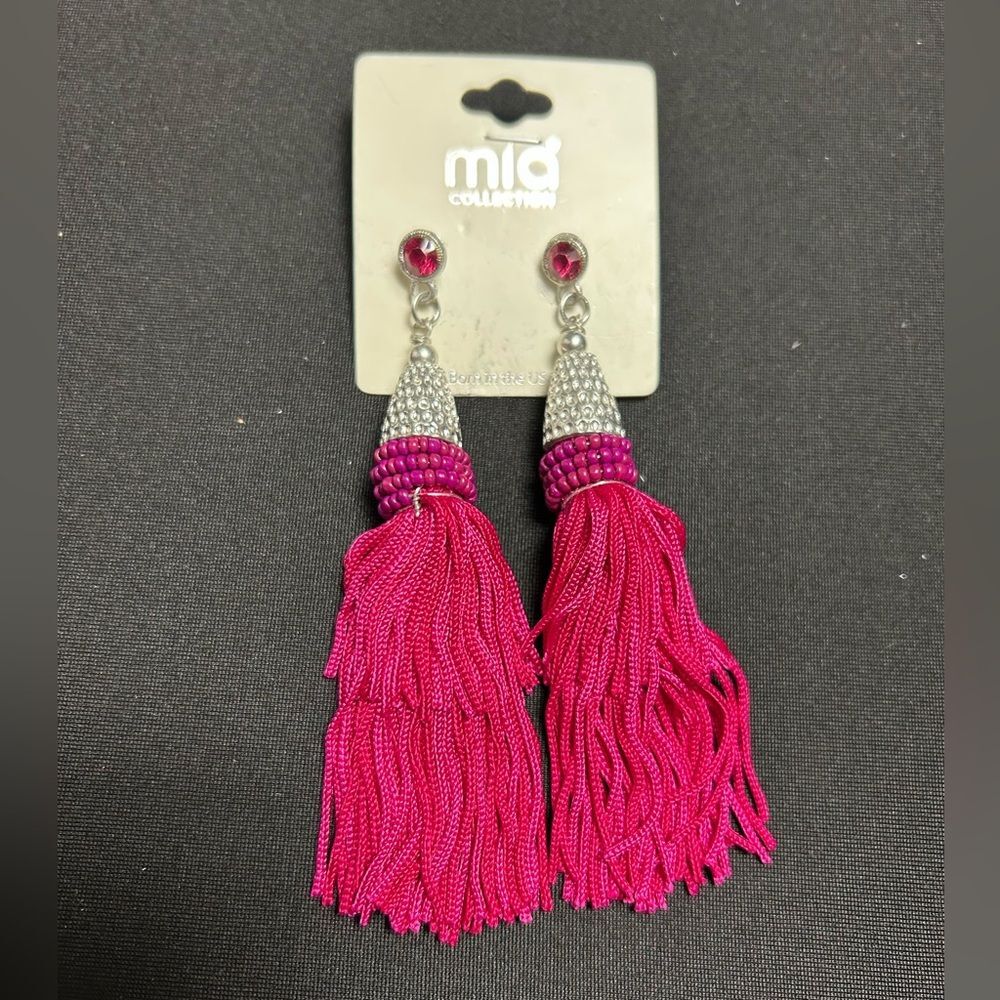 NWT Mai Collection Fuchsia Long Tassel Silver Vintage Boho Chic Earrings